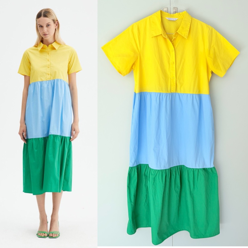 COMPANIA FANTASTICA Tiered Colorblock Popover Midi Cotton Dress